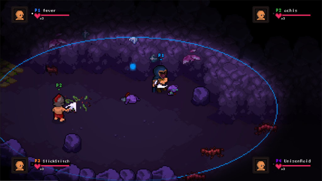 Two heroes fight imps in the caves